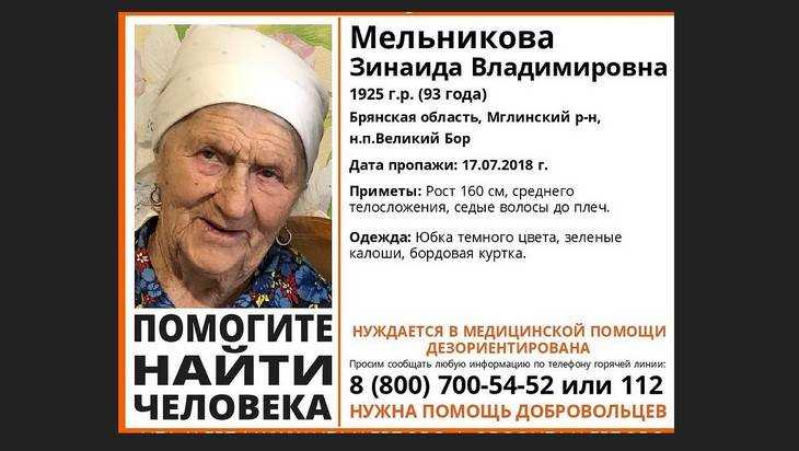 В Брянской области пропала 93-летняя пенсионерка Зинаида Мельникова
