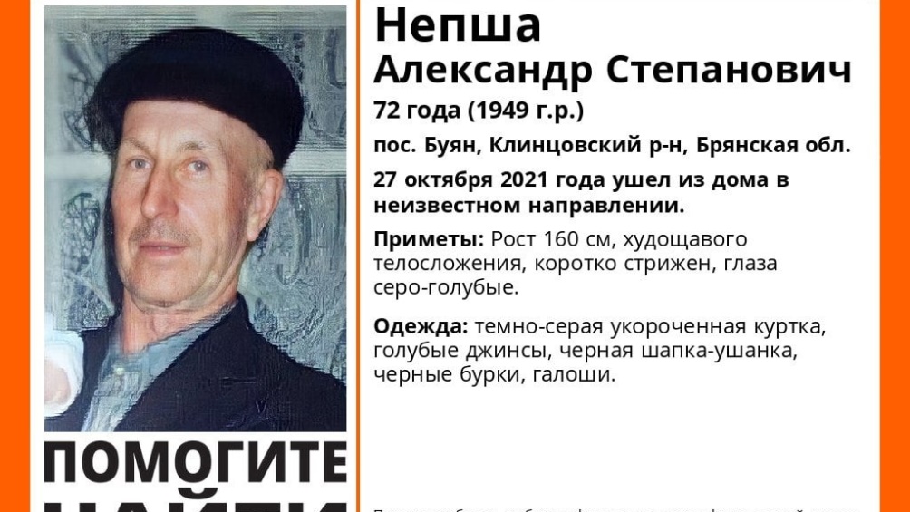 В Клинцовском районе Брянской области пропал 72-летний Александр Непша
