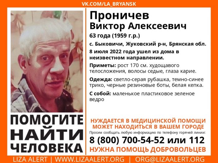 В Жуковском районе Брянской области пропал 63-летний Виктор Проничев
