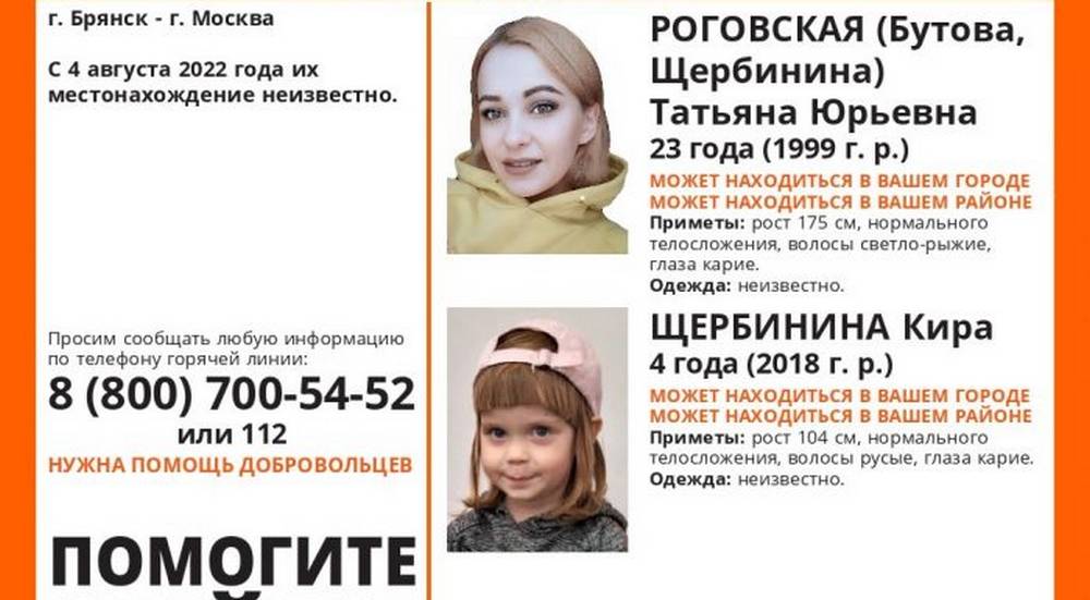 Пропавшие в Брянске 23-летняя женщина и 4-летняя девочка найдены живыми