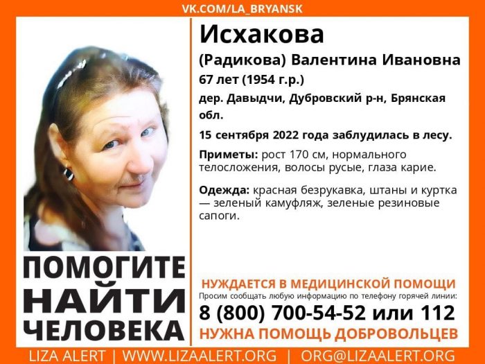 Под Дубровкой пропала заблудившаяся в лесу 67-летняя Валентина Исхакова