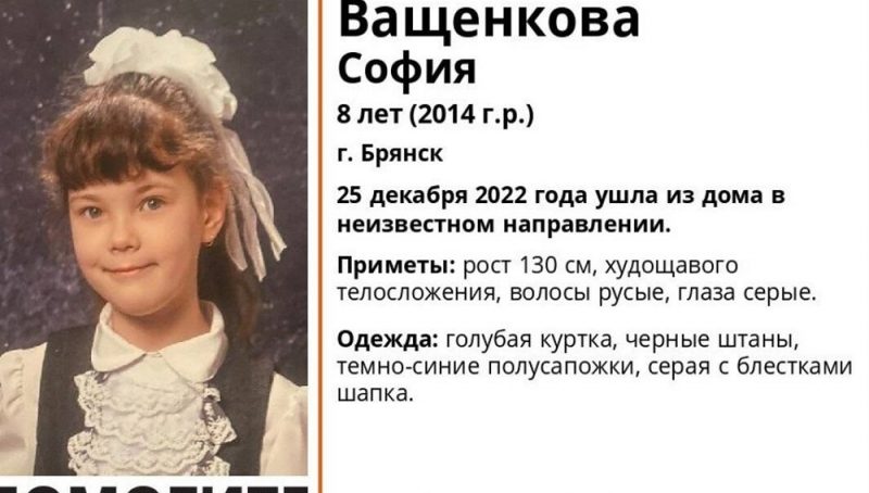 В Брянске нашли пропавшую 25 декабря 8-летнюю школьницу Софию Ващенкову