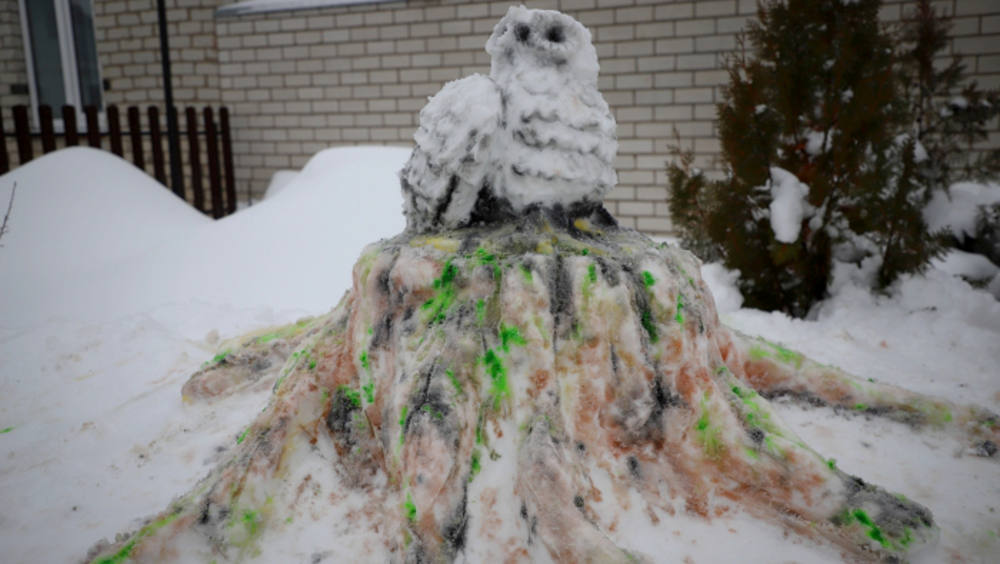 Необычные снежные скульптуры кролика и совы украсили окраину Клинцов