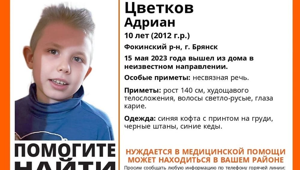 В Фокинском районе Брянска пропавшего без вести 10-летнего Адриана Цветкова нашли живым