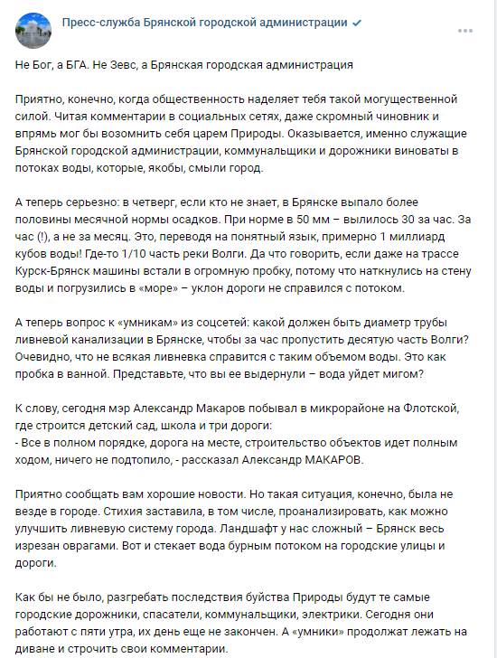 Чиновники заявили, что на Брянск за час вылился 20-метровый слой воды