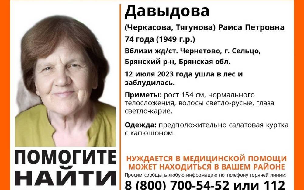 В Брянской области пропала ушедшая в лес 74-летняя Раиса Давыдова