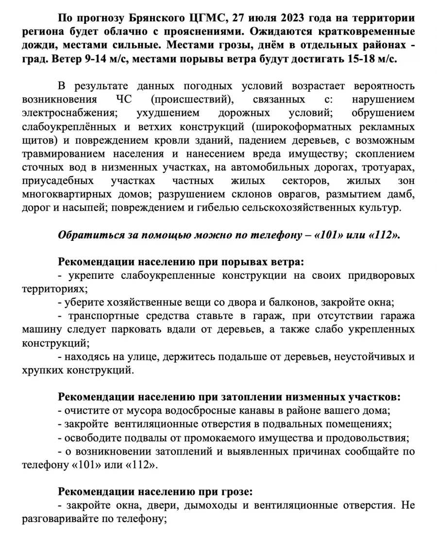 Жителей Брянской области предупредили о сильных дождях и граде 27 июля
