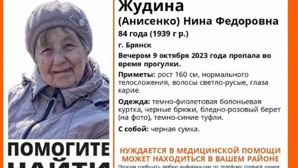 В Брянске 9 октября 2023 года во время прогулки пропала без вести 84-летняя Нина Жудина