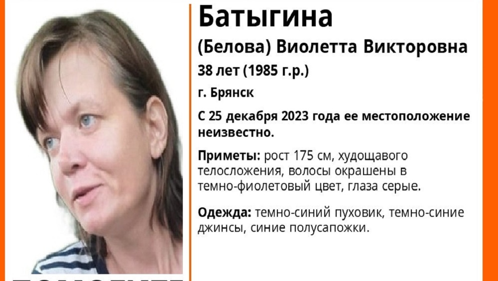 В Брянске 25 декабря пропала без вести 38-летняя Виолетта Батыгина